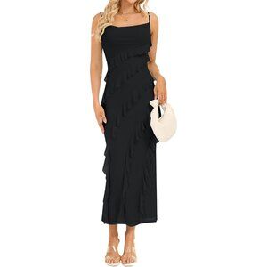 Women's Maxi Dress Sleeveless Stretch Fabric Spaghetti Ruffle Formal Party